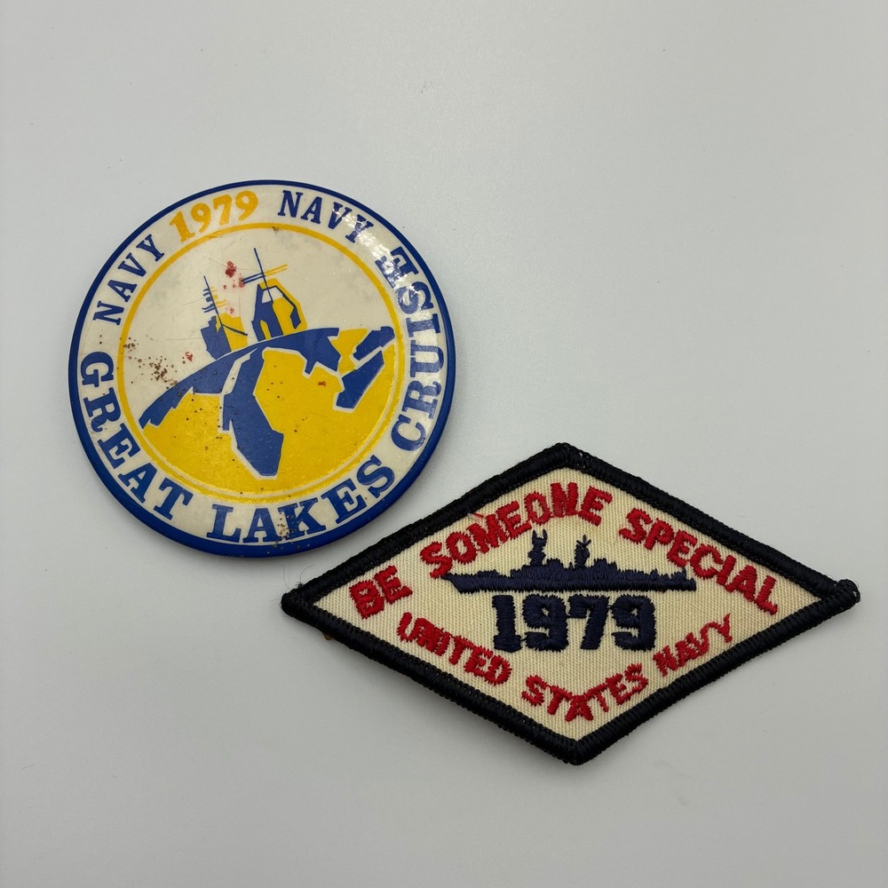 Vintage 1979 US Navy Great Lakes Cruise Pinback Button and Patch Set 70s USN